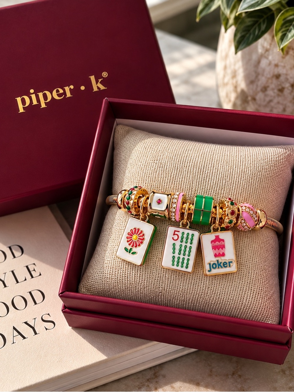 Piper•k Gold-Plated Mahjong Tile Charm Bracelet with Green & Pink Enamel